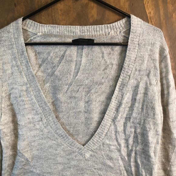 Express Womens Sweater Gray Metallic Thin Deep V Neck Merino Wool Blend Large - Picture 2 of 13